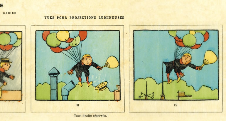 Planche de vues récréatives extraite de la revue "Après l'école" pour lanterne d'enseignement : "Le Dirigeable" par Benjamin Rabier