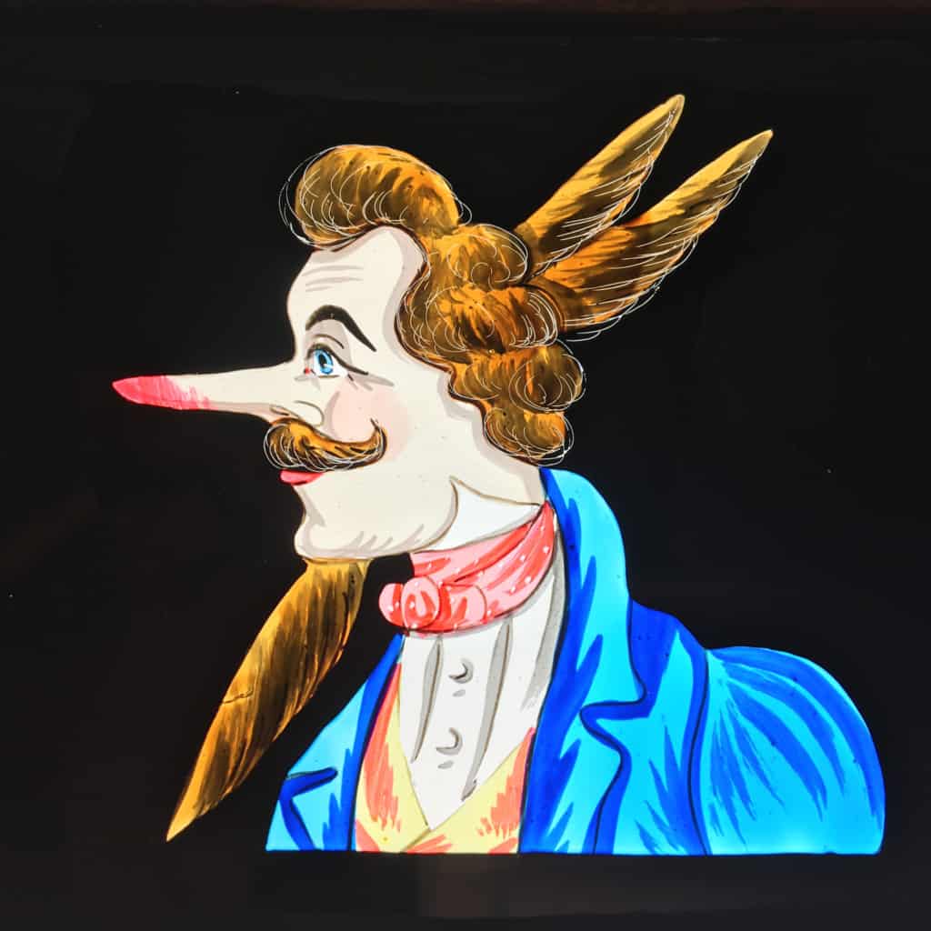 Dandy - Plaque de lanterne magique mécanisée à 3 caches noirs - vue avec le nez rouge, la barbichette, les cornes