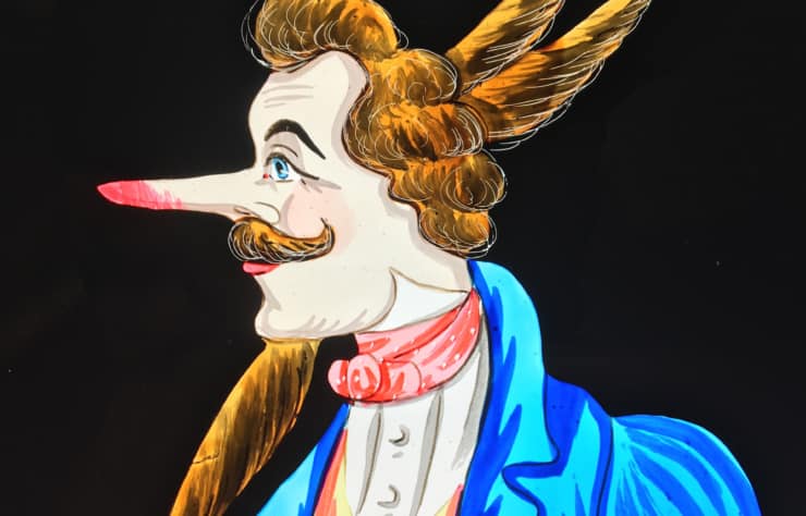 Dandy - Plaque de lanterne magique mécanisée à 3 caches noirs - vue avec le nez rouge, la barbichette, les cornes