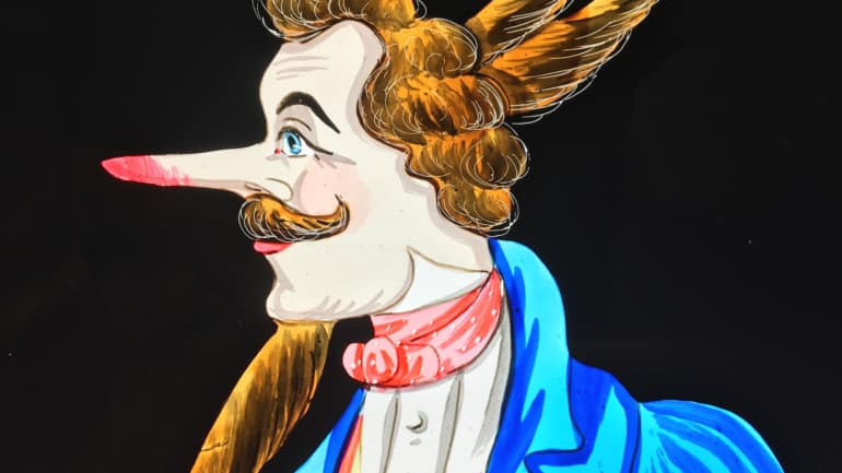 Dandy - Plaque de lanterne magique mécanisée à 3 caches noirs - vue avec le nez rouge, la barbichette, les cornes